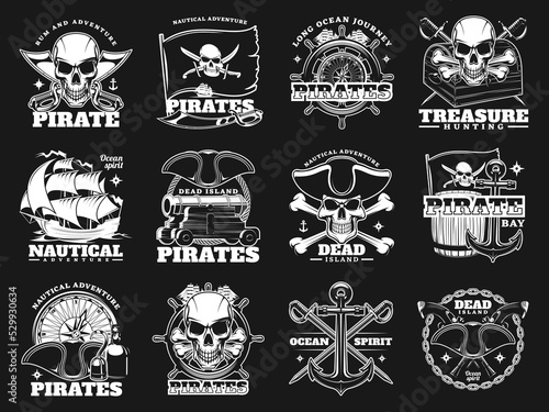 Pirates and treasure hunting icons of skulls with swords, crossbones and flags vector symbols. Caribbean sea adventure icons with ship anchor, Jolly Roger skull and pirates with captain hat