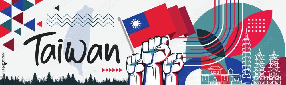 Fototapeta premium Taiwan national day banner with Taiwanese flag colors theme background and geometric abstract retro modern red blue design. Raised fists, people protest or supporters. Taipei Vector Illustration.