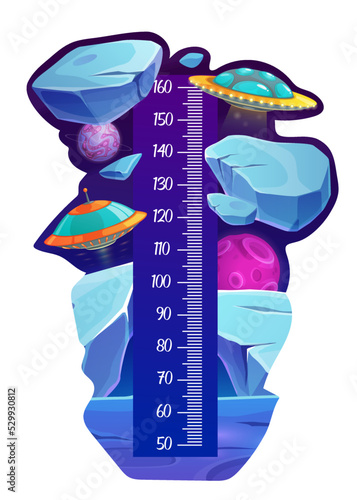 Space planet surface and UFO on kids height chart or growth meter. Preschool child height measure cartoon vector centimeters scale. Children growth chart sticker or ruler with alien flying saucer