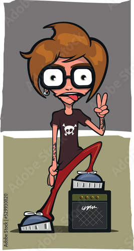 Músico de rock saca la lengua y hace una V con la mano