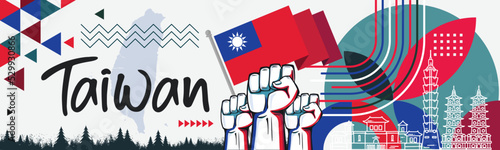 Taiwan national day banner with Taiwanese flag colors theme background and geometric abstract retro modern red blue design. Raised fists, people protest or supporters. Taipei Vector Illustration.