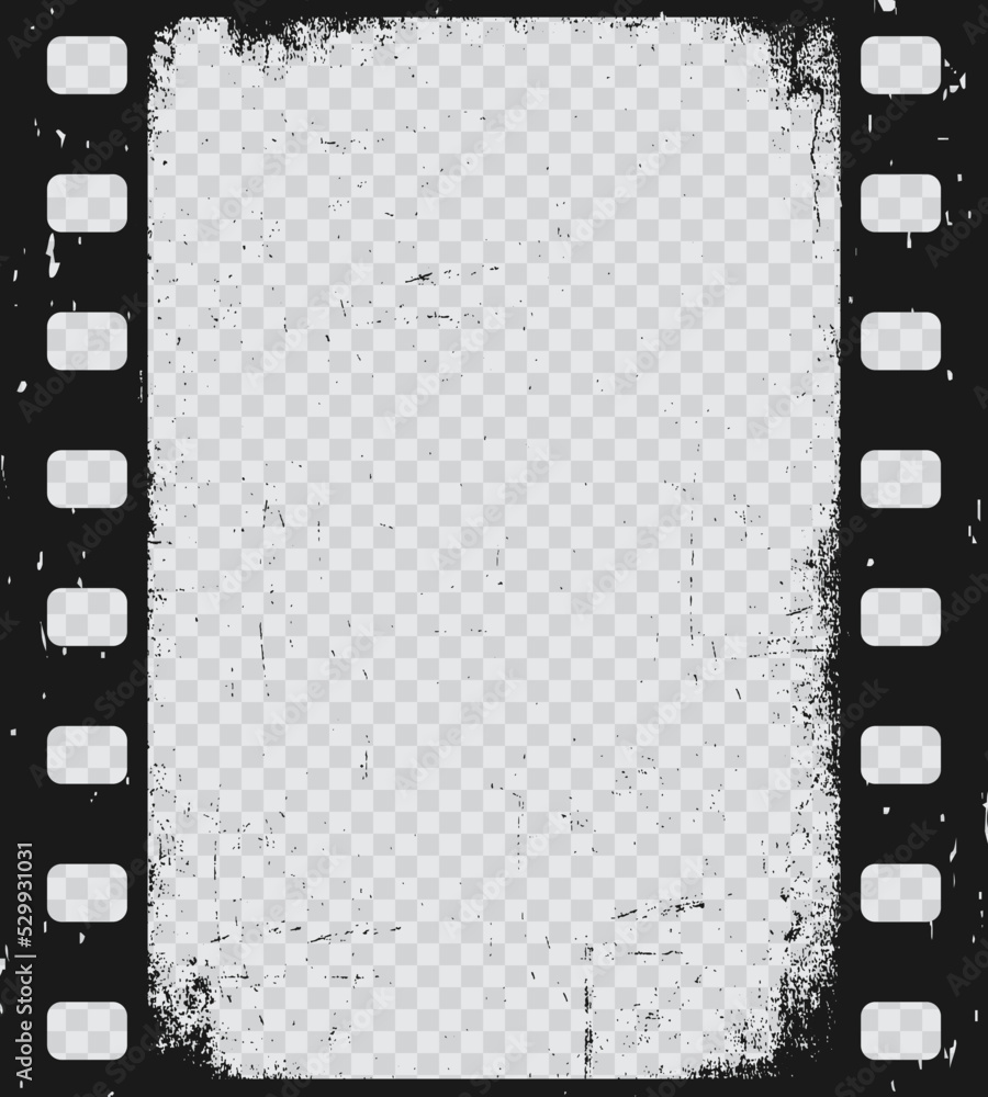 Old grunge movie film strip, vintage filmstrip texture. Vector filmstrip reel  frame isolated on transparent background. Photo negative picture or cinema  slide with scratched borders, retro photography Stock Vector