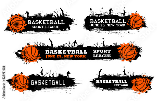 Basketball grunge banners with player silhouettes. Basketball sport league championship, team tournament or competition announcement vector banners with ball, players silhouette and paint splatters