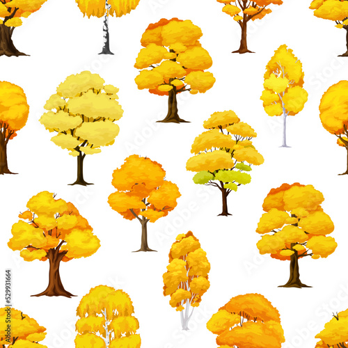 Cartoon autumn tree seamless pattern. October defoliation background, autumn seamless pattern with oak, birch and maple, ash trees. Forest trees with autumn yellowed leaves wallpaper, fabric print