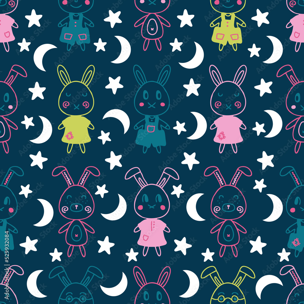 Nignt seamless pattern with rabbits, stars and moon. Perfect print for T-shirt, textile and fabric. Hand drawn vector illustration for decor and design. Nignt seamless pattern with rabbits, stars and moon. Perfect print for T-shirt, textile and fabric. Hand drawn vector illustration for decor and design.