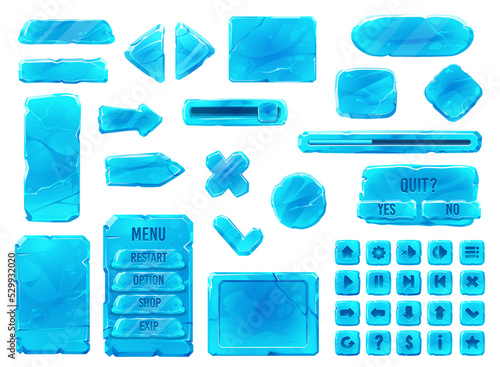 Ice crystal buttons, cartoon interface. UI game and GUI elements, vector frozen snow blocks. Crystal ice buttons, frames and arrows for game menu navigation and control, options and settings
