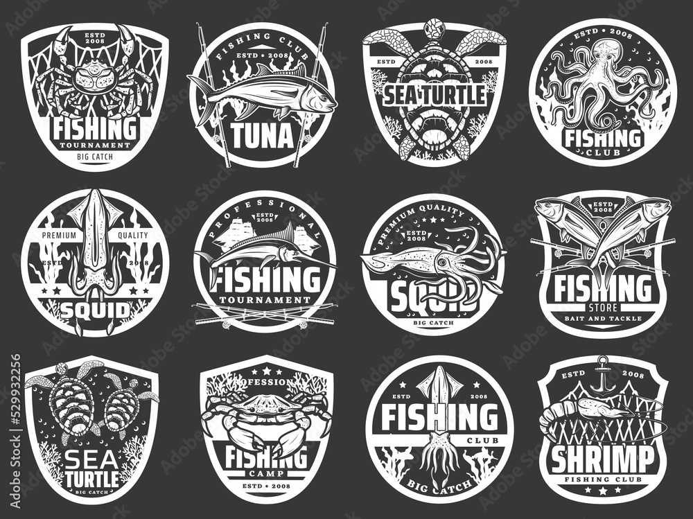 Fish, seafood and fisherman tackle isolated icons of vector fishing sport club and tournament design. Sea tuna, marlin and ocean crab, fishing boat, rod and net, squid, octopus, shrimp and sea turtle