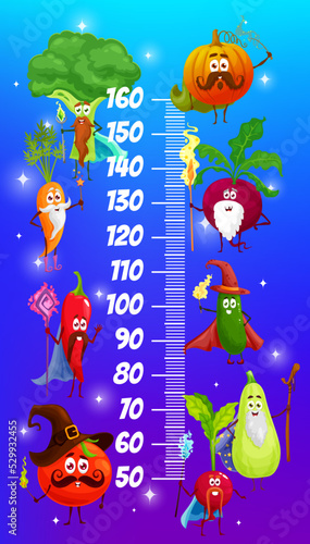 Kids height chart cartoon magicians and wizards vegetables. Vector growth meter with cartoon characters carrot, broccoli, pumpkin, beetroot and chili pepper with cucumber, tomato, radish and squash
