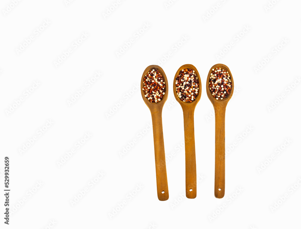 Mix of quinoa seeds in three spoons - Chenopodium quinoa Mix of quinoa seeds in three spoons - Chenopodium quinoa