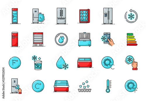 Fridge and freezer outline icons. Food storage symbols. Commercial refrigerator, industrial cooling equipment minimalistic outline pictograms set, household fridge thin line vector icons or signs photo
