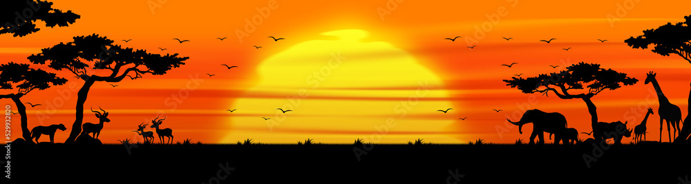 JUNGLE BACKGROUND WITH SUNSET RED SKY WITH ANIMALS LEOPARD, LION, ELEPHANT, BIRDS ANIMAL Savannah