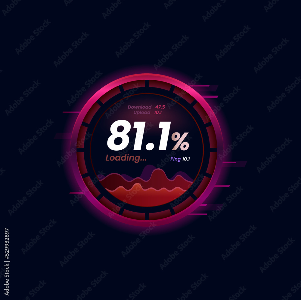 Internet data download or upload speed meter futuristic dial. Network or  web bandwidth level round indicator, WI-FI signal strength test app  interface vector icon or display with ping and loading data Stock