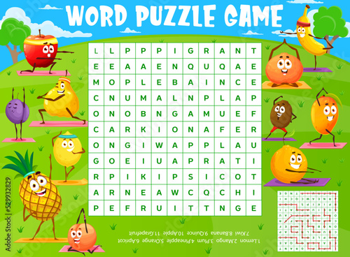 Cartoon ripe fruits characters on yoga fitness word search puzzle game worksheet, kids quiz. Vector lemon, mango, plum and pineapple, orange, apricot, kiwi or banana, quince, apple and grapefruit