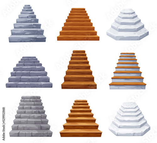 Cartoon isolated wooden and stone castle stairs, staircase, stairway. Vector antique and modern ladder flights without railings, wood or marble step treads and rock risers, castle interior objects