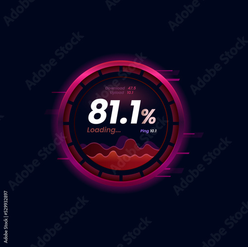Internet data download or upload speed meter futuristic dial. Network or web bandwidth level round indicator, WI-FI signal strength test app interface vector icon or display with ping and loading data