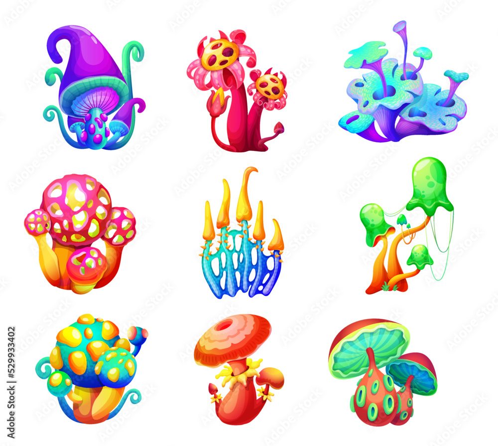 Magic fairy cartoon mushrooms. Vector fantasy forest or alien world planet plants, game ui nature asset. Fantastic neon fungi or fairytale mushrooms set with glowing caps, slime, holes and tentacles - obrazy, fototapety, plakaty 