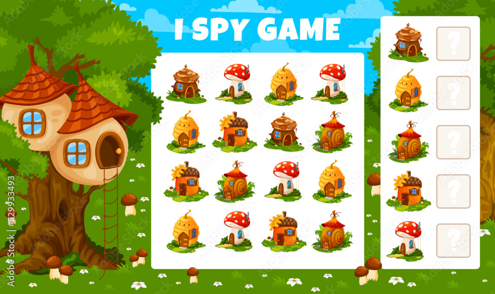 Vecteur Stock I spy kids game worksheet, cartoon fairy house buildings ...