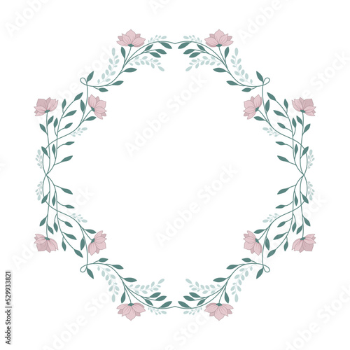 Minimalistyczna ramka w prostym eleganckim stylu. Botaniczny wzór z różowymi kwiatami. Dekoracyjne elementy do wykorzystania na zaproszenia ślubne, karty, vouchery, ulotki, tło dla social media.