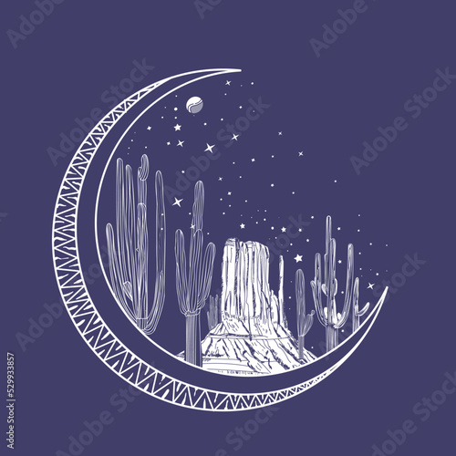 Desert moon light view, Arizona desert dreams with light blast vector graphic print artwork for apparel, stickers, background and others. Desert night view retro vintage illustration. Desert Moon