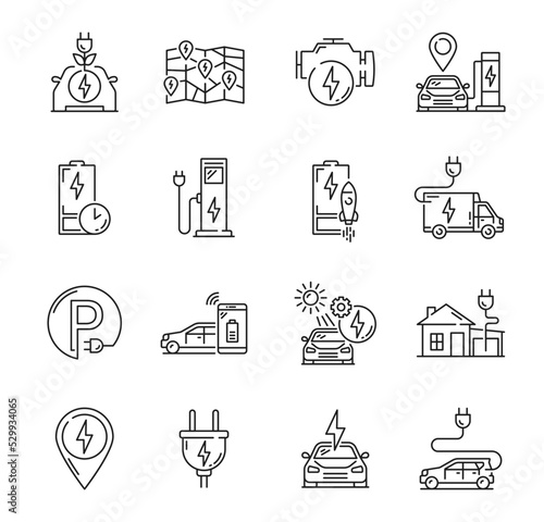 Electric car charge outline icons, vehicle station battery plug, vector eco auto charger signs. Electric cars and hybrid energy automobile charging point, green fuel and EV power cable line pictograms