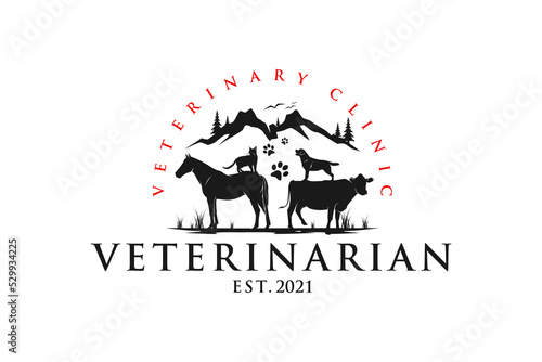 Veterinarian logo design with silhouette animal horse cow dog cat mountain icon symbol