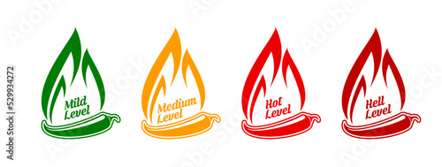 Spicy level labels with flames and hot chili peppers. Vector food, chilli sauce or spice scale from extra hot, medium to mild levels. Red chili or cayenne, yellow habanero and green jalapeno with fire