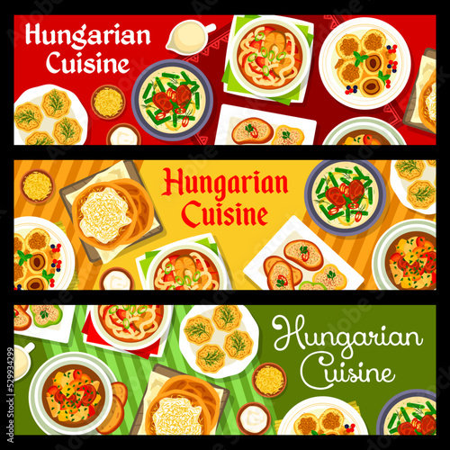 Hungarian cuisine banners. Bell pepper fish soup, pork stew with green beans and vegetable beef goulash, egg pate, bryndza stuffed peppers and Langos flatbread with sour cream, cheese stuffed apricots