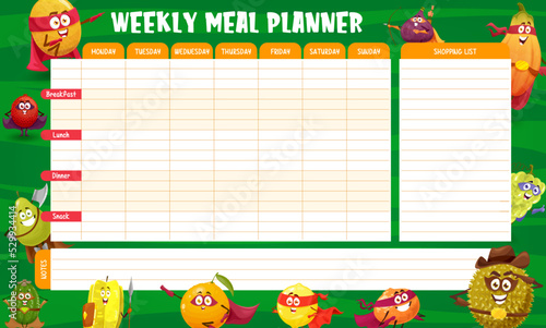 Weekly meal planner vector with cartoon fruit superhero and defender personages. Organizer check list of food with grocery checklist, cute orange, lemon, papaya and lychee, fig and pear