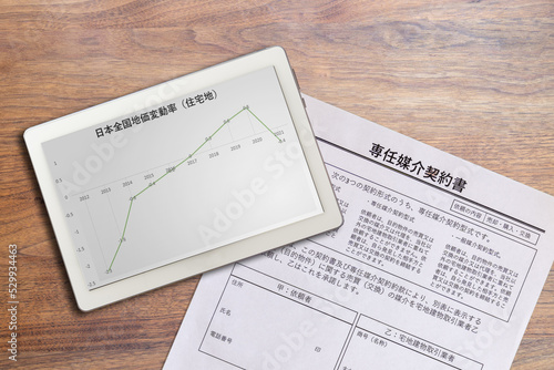 日本全国住宅地価変動率グラフと不動産専任媒介契約書