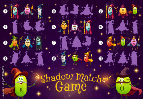 Shadow match game, cartoon micronutrients wizard and mage characters, vector kids puzzle. Find correct shadow or silhouette of calcium, magnesium or iron with magic wand, potassium and zinc sorcerer