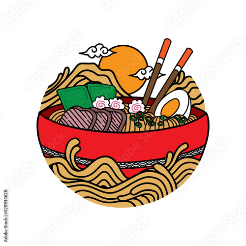 Japanese ramen noodles soup bowl vector icon illustration with vintage retro flat style. Asian Japanese traditional food cuisine. Clip art, t-shirt, menu, poster, print, banner