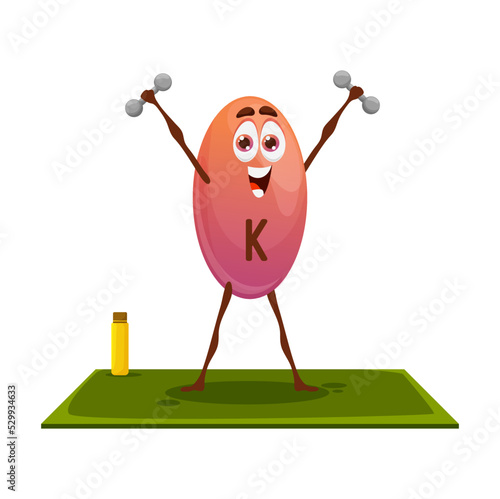 Cartoon vitamin K character on yoga fitness. Isolated vector phylloquinone personage workout with dumbbells. Food supplement sportsman healthy lifestyle, sports exercises, training in gym