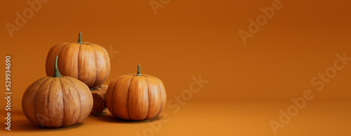 Three Pumpkins on a Orange colored background. Autumn themed Banner with copy-space. photo