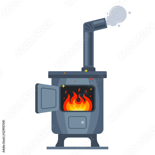 iron potbelly stove for heating the apartment. old stove with chimney. flat vector illustration. photo