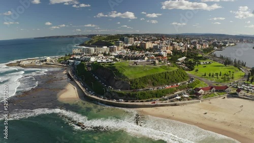 Aerial view flying towards Fort Scratchley near Nobby's Beach. 