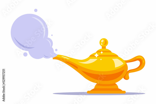 magic golden lamp with genie from arabian night. flat vector illustration. photo
