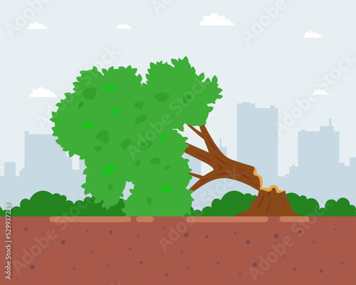 a tree felled by a hurricane blocks the road. flat vector illustration.