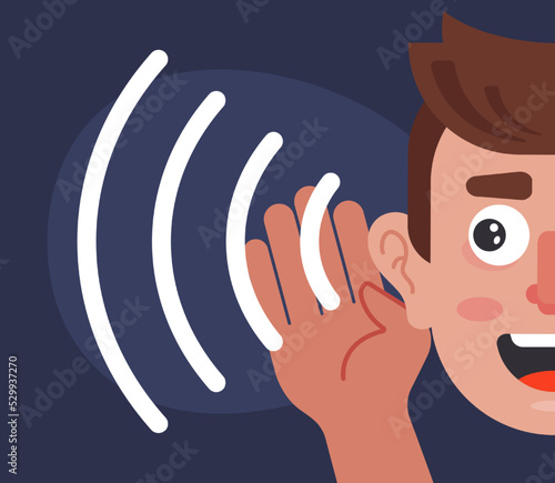 a man overhears a conversation. a large ear listens to someone else conversation. flat vector illustration.