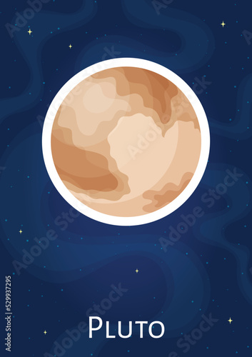 Comic dwarf planet Pluto graphic sticker, flat round celestial object art patch, cartoon space sphere vector illustration label on blue cosmic background for children astronomy science concept