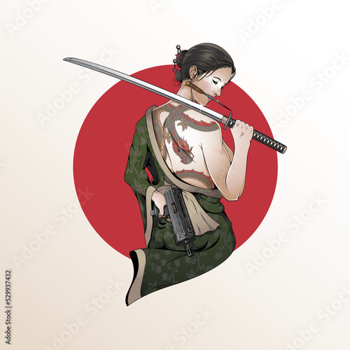Yakuza Girl pin up holding japanese samurai sword and a submachine gun vector illustration. suitable for poster, graphic t-shirt, graphic print on merchandises or any other related purpose.