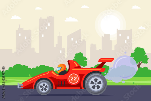 red racing car on the track. car racing competition. flat vector illustration.
