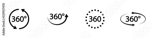 Conjunto de icono de vista de 360 grados. Flechas e indicadores de rotación. Vista completa, cámara 360. Ilustración vectorial