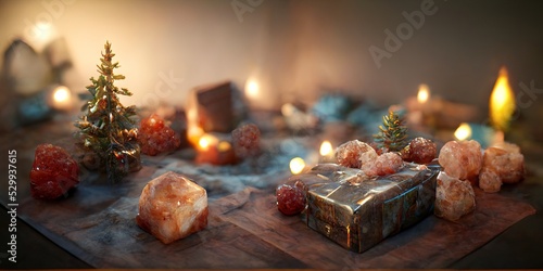 3D rendering of a Christmas Village with a Christmas tree and white snow