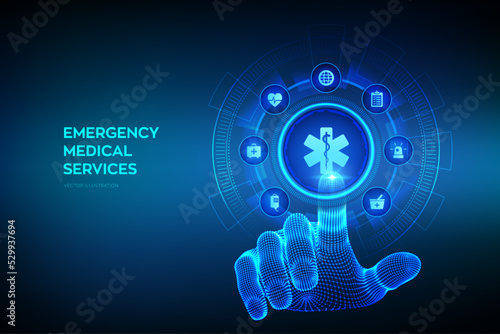 Emergency medical services concept on virtual screen. Emergency call. Online medical support. Medicine and healthcare application. Wireframe hand touching digital interface. Vector illustration.