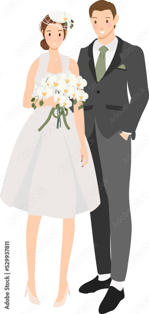 cute cartoon young wedding couple with Phalaenopsis orchid bouquet flat style
