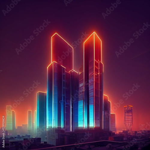 3D Rendering of neon mega city with light reflection from puddles on street heading toward buildings. Concept for night life  business district center  CBD Cyber punk theme  tech background 