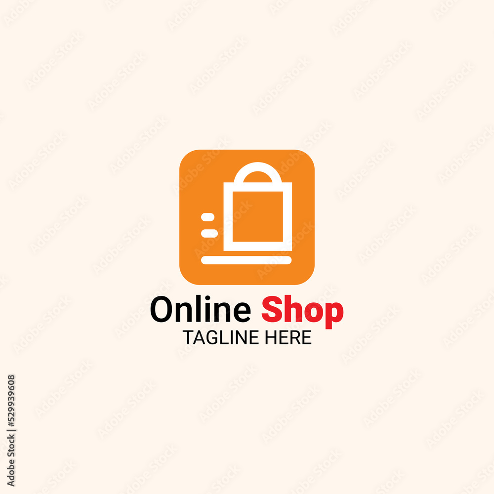 Professional online shop logo with a very simple and elegant shape in solid orange color. There is a moving bag symbol in the middle of the logo