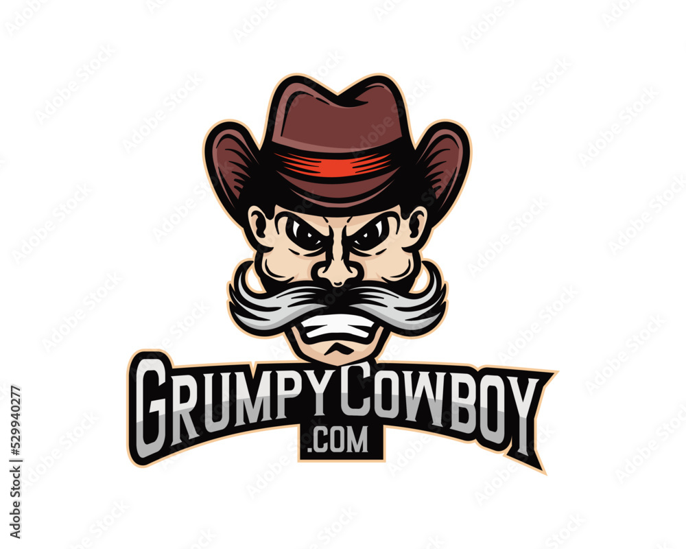 Grumpy cowboy with mustache symbol icon mascot logo. Grumpy man with mustache wearing cowboy hat vector logo design