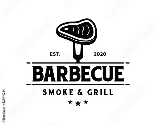 Grill fork with fresh meat for barbecue or BBQ symbol icon vector. Smoke and grill logo design