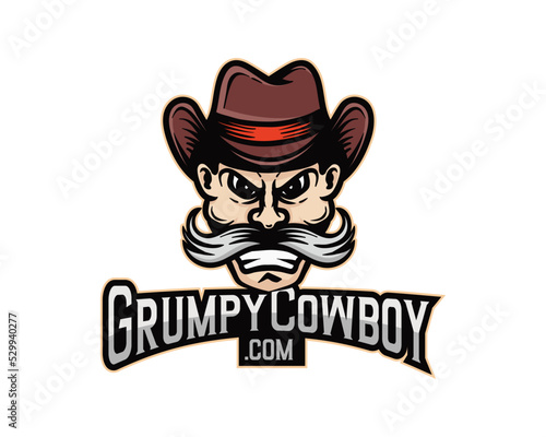 Grumpy cowboy with mustache symbol icon mascot logo. Grumpy man with mustache wearing cowboy hat vector logo design